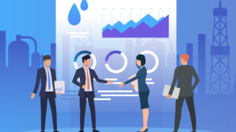 Business partners working and discussing issues, diagrams. Negotiations, management, oil industry concept. Vector illustration can be used for topics like business, marketing, analytics