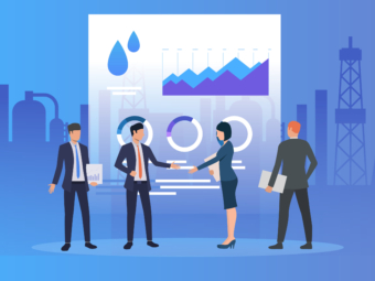 Business partners working and discussing issues, diagrams. Negotiations, management, oil industry concept. Vector illustration can be used for topics like business, marketing, analytics