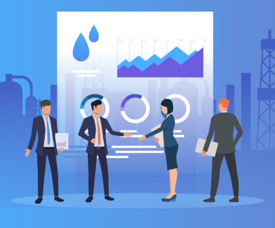 Business partners working and discussing issues, diagrams. Negotiations, management, oil industry concept. Vector illustration can be used for topics like business, marketing, analytics